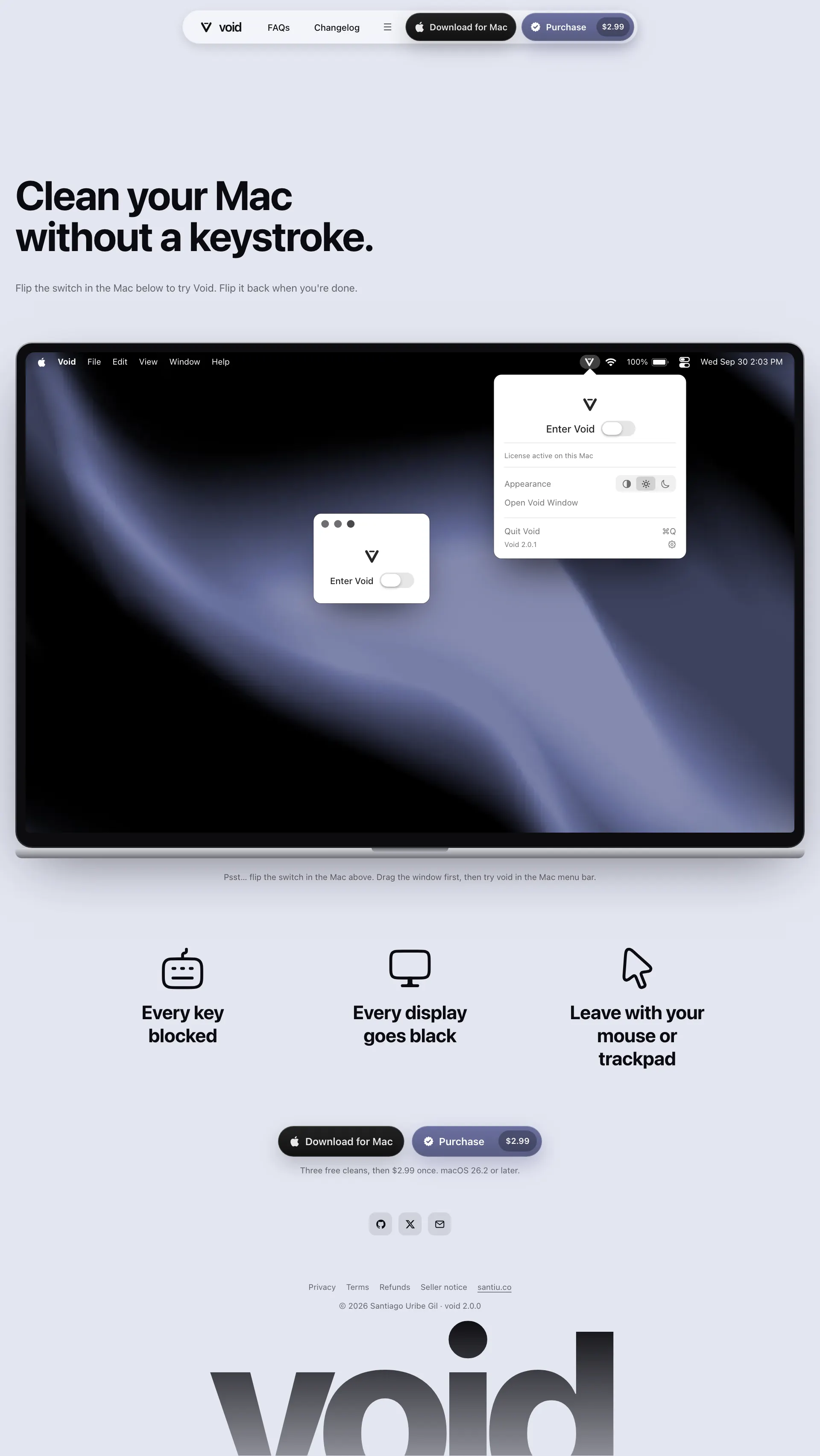 Full-length capture of the voidcleaner.app homepage